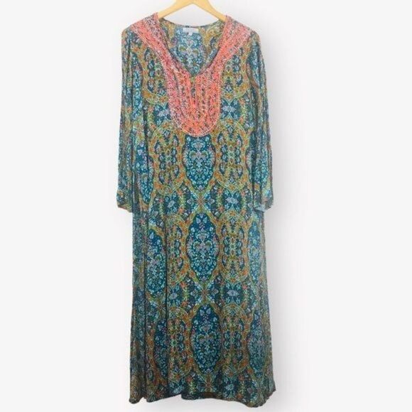 WORLD MARKET Boho Embroidered Floral Print Kaftan Maxi Dress Size One Size - Picture 1 of 10